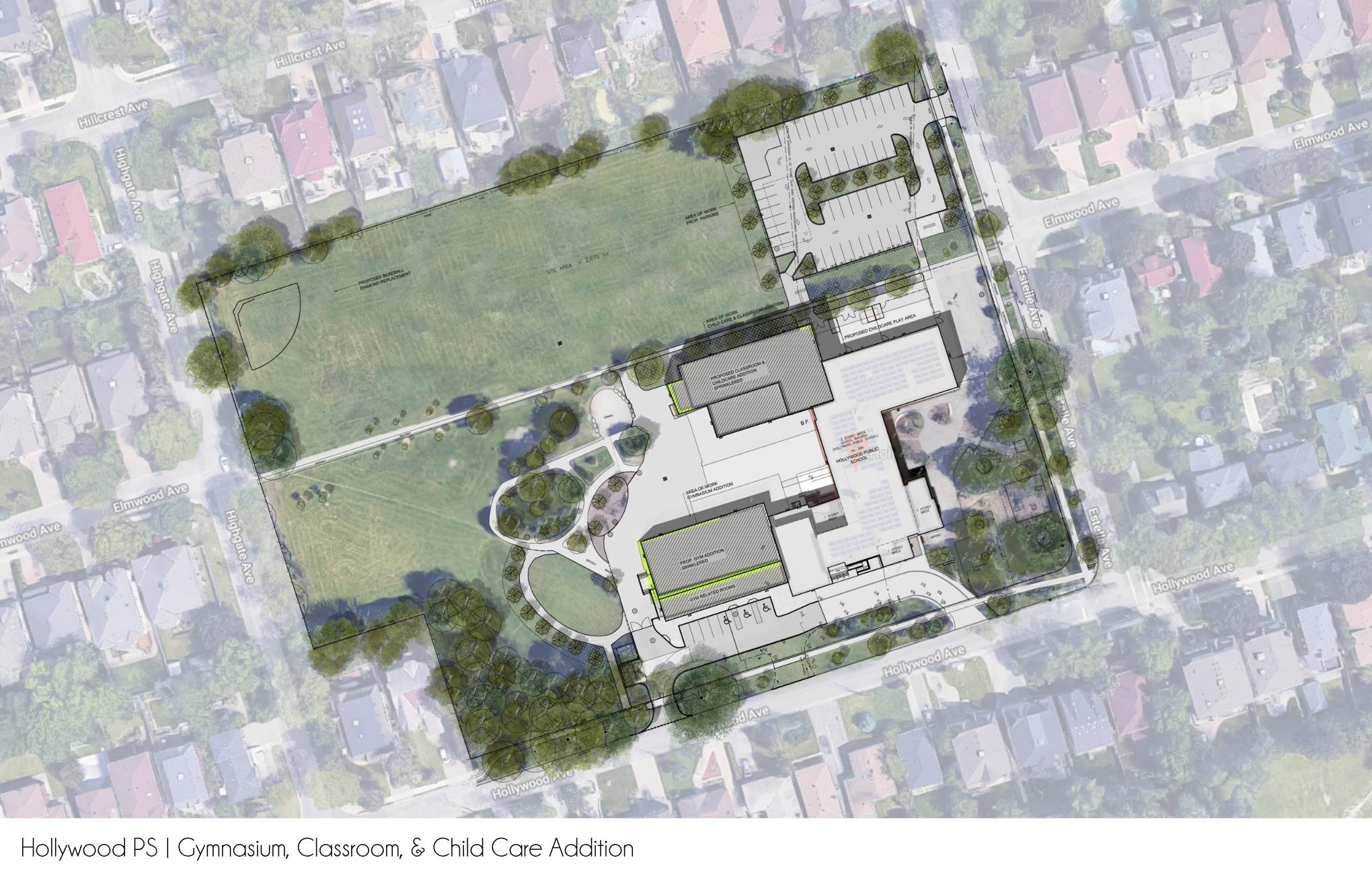 Architectural site plan looking down from above depicting the school & playfield after the project is completed. Open Gallery